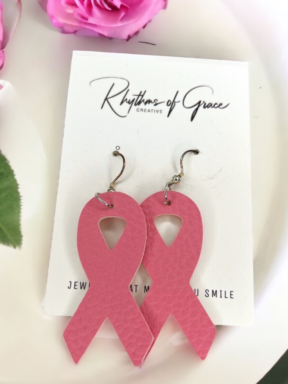 Breast Cancer Awareness Pink Ribbon Statement Dangle Earrings